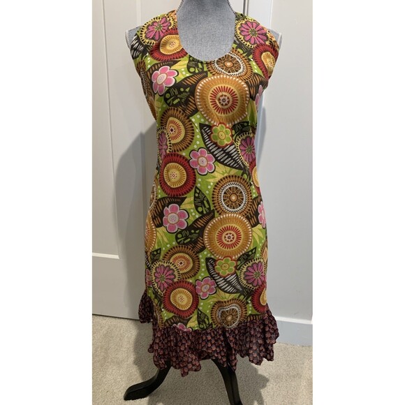 Pier 1 Imports Full Apron Multicolor Boho Floral Print Tie Waist Scoop Neck - Picture 1 of 7